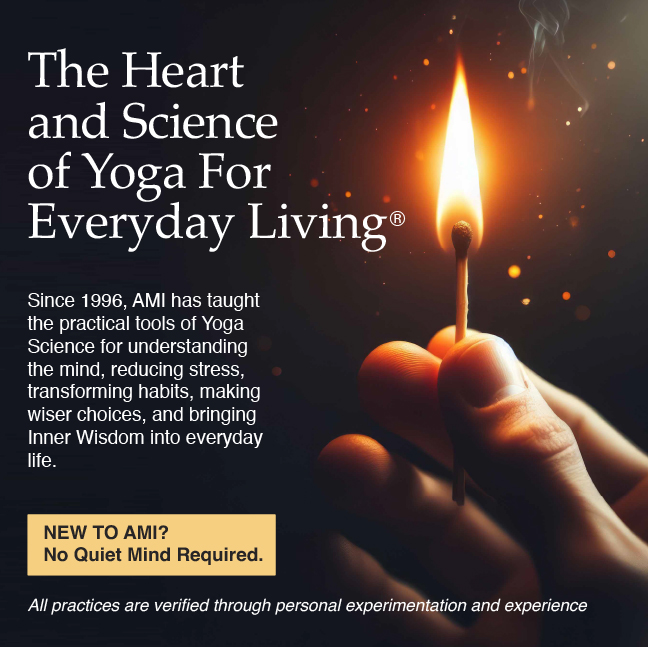 Hand holding burning match. American Meditation Institute: The Heart and Science of Yoga for Everyday Living. Since 1996, AMI has taught the practical tools of Yoga Science for understanding, the mind, reducing stress, transforming habits, making wiser choices, and bringing Inner Wisdom into everyday life.